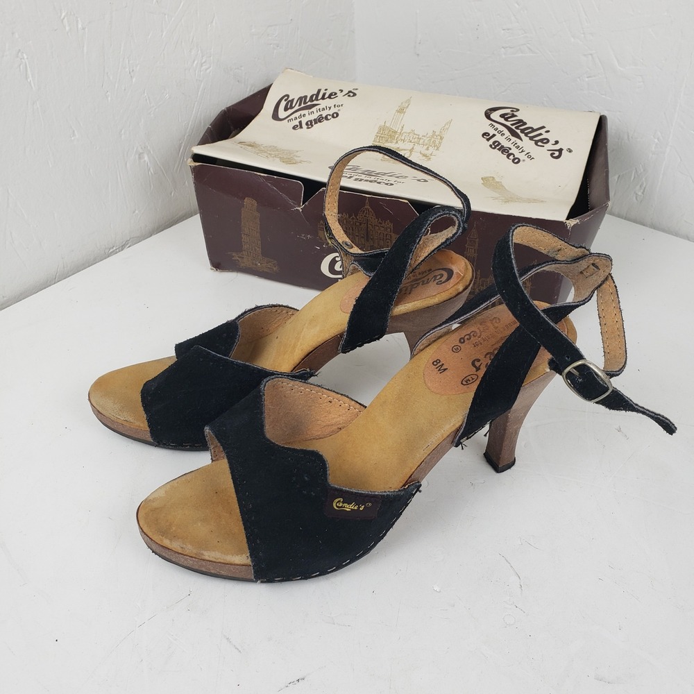 Vintage Candies Italy High Heels Black Suede Wooden Platform Sandals 8M